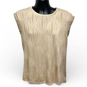 Lillusory Beige Textured Blouse Medium Cap Sleeve Stretch Top
